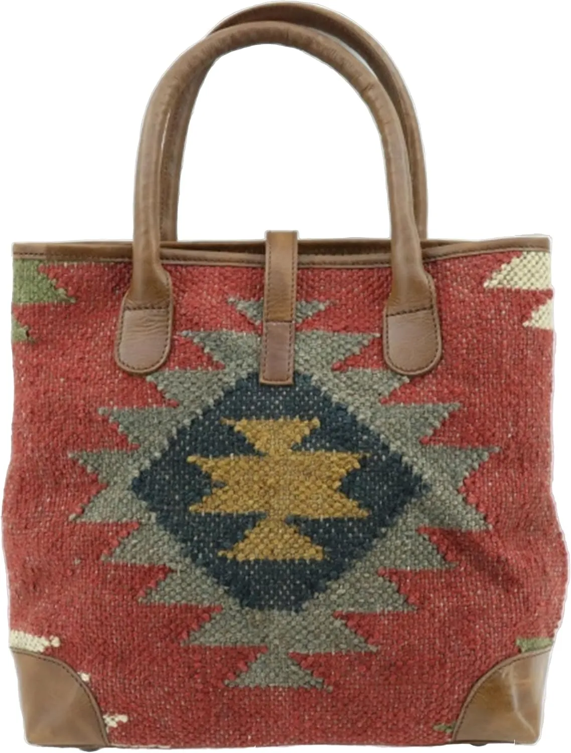 Bare Roots Jute Kilim HandBag Purse Tote Bag with Leather Handles
