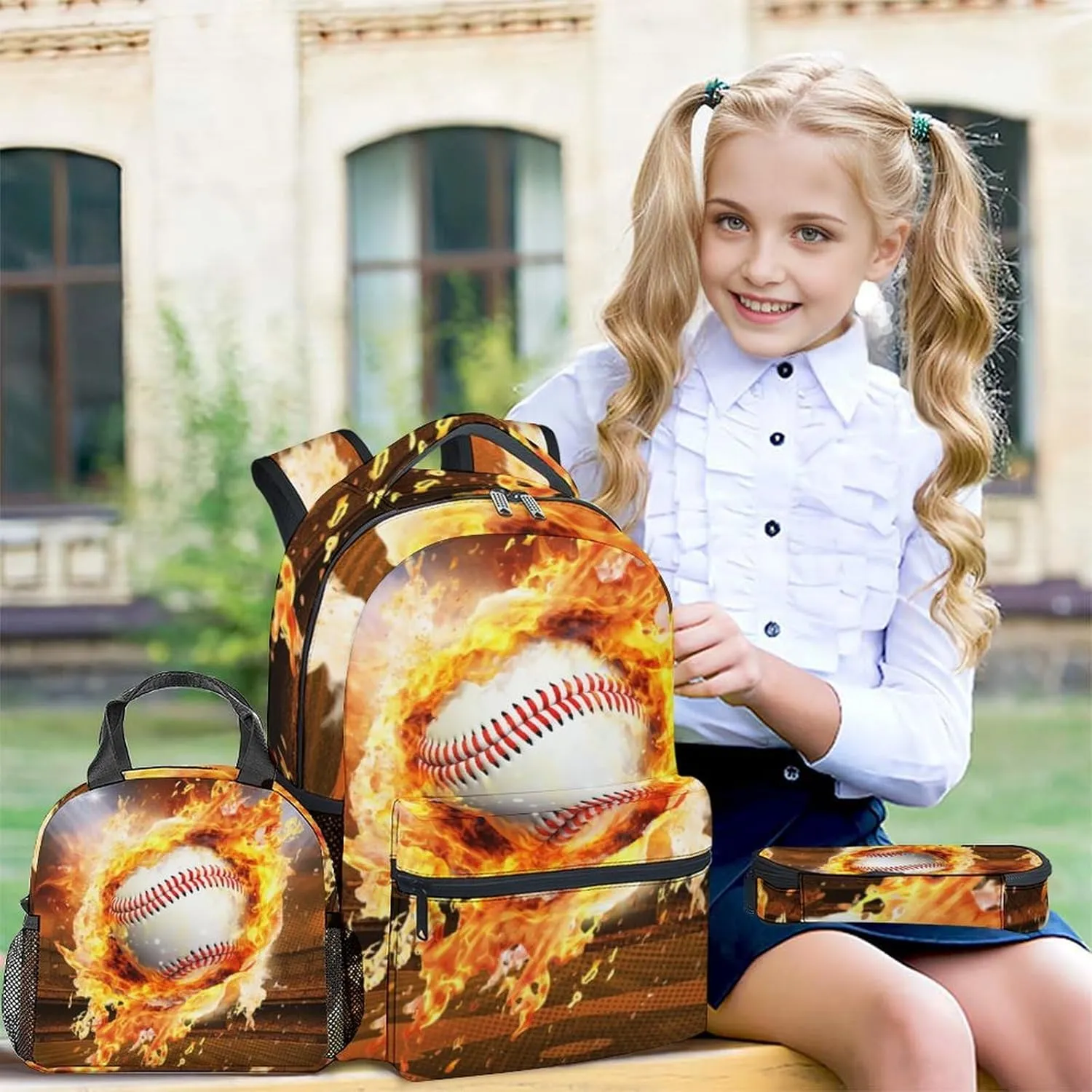 Baseball Backpack with Lunch Box for Boys - Set of 3 Baseball School Backpacks Matching Combo for Kids, Teens - Bookbag and Pencil Case Bundle