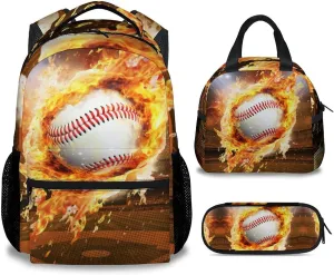 Baseball Backpack with Lunch Box for Boys - Set of 3 Baseball School Backpacks Matching Combo for Kids, Teens - Bookbag and Pencil Case Bundle