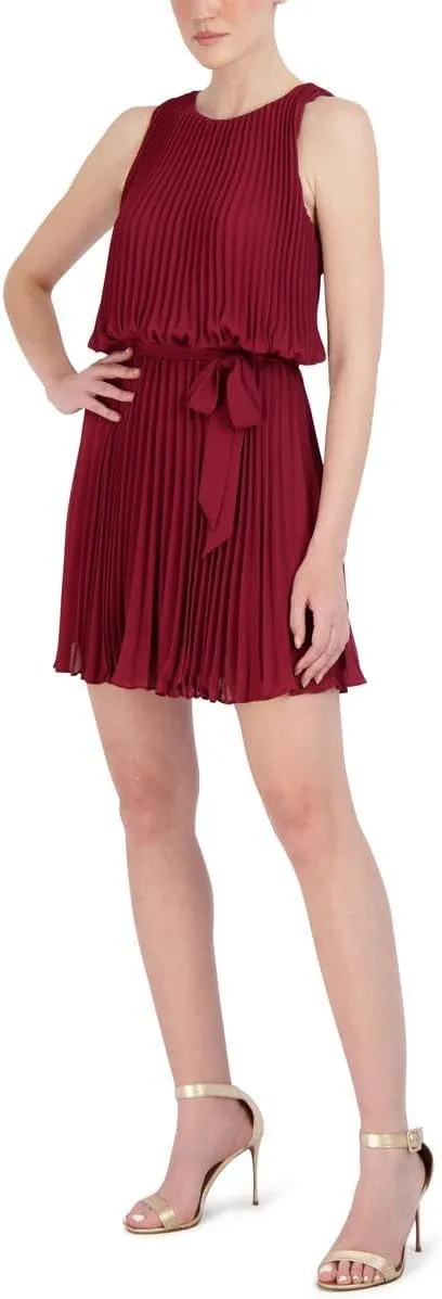 BCBGMAXAZRIA Women's Mini Cocktail Fit and Flare Tie Front Pleats Round Neck Dresses