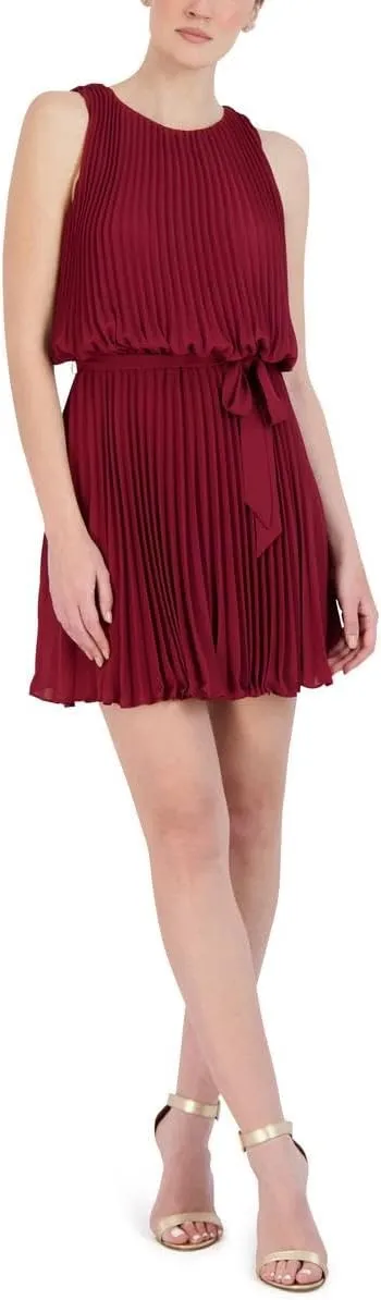 BCBGMAXAZRIA Women's Mini Cocktail Fit and Flare Tie Front Pleats Round Neck Dresses