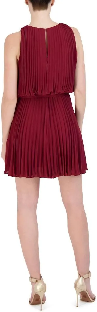 BCBGMAXAZRIA Women's Mini Cocktail Fit and Flare Tie Front Pleats Round Neck Dresses
