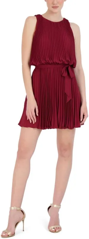 BCBGMAXAZRIA Women's Mini Cocktail Fit and Flare Tie Front Pleats Round Neck Dresses