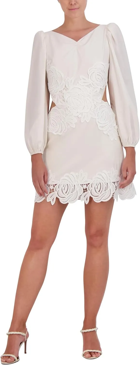 BCBGMAXAZRIA Women's V Neck Long Balloon Sleeve Mini Cocktail Dress