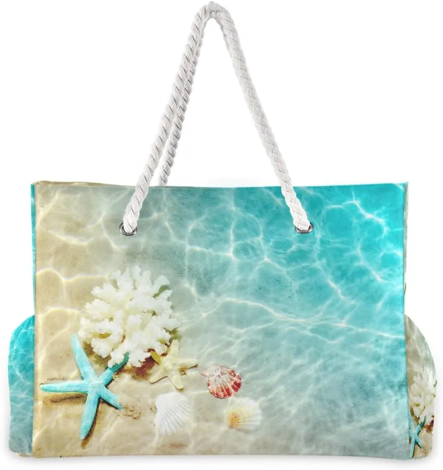 Beach Tote Bags Beach Seashell Starfish Travel Tote Bag Large Gym Tote Bag Shoulder Handbag for Women
