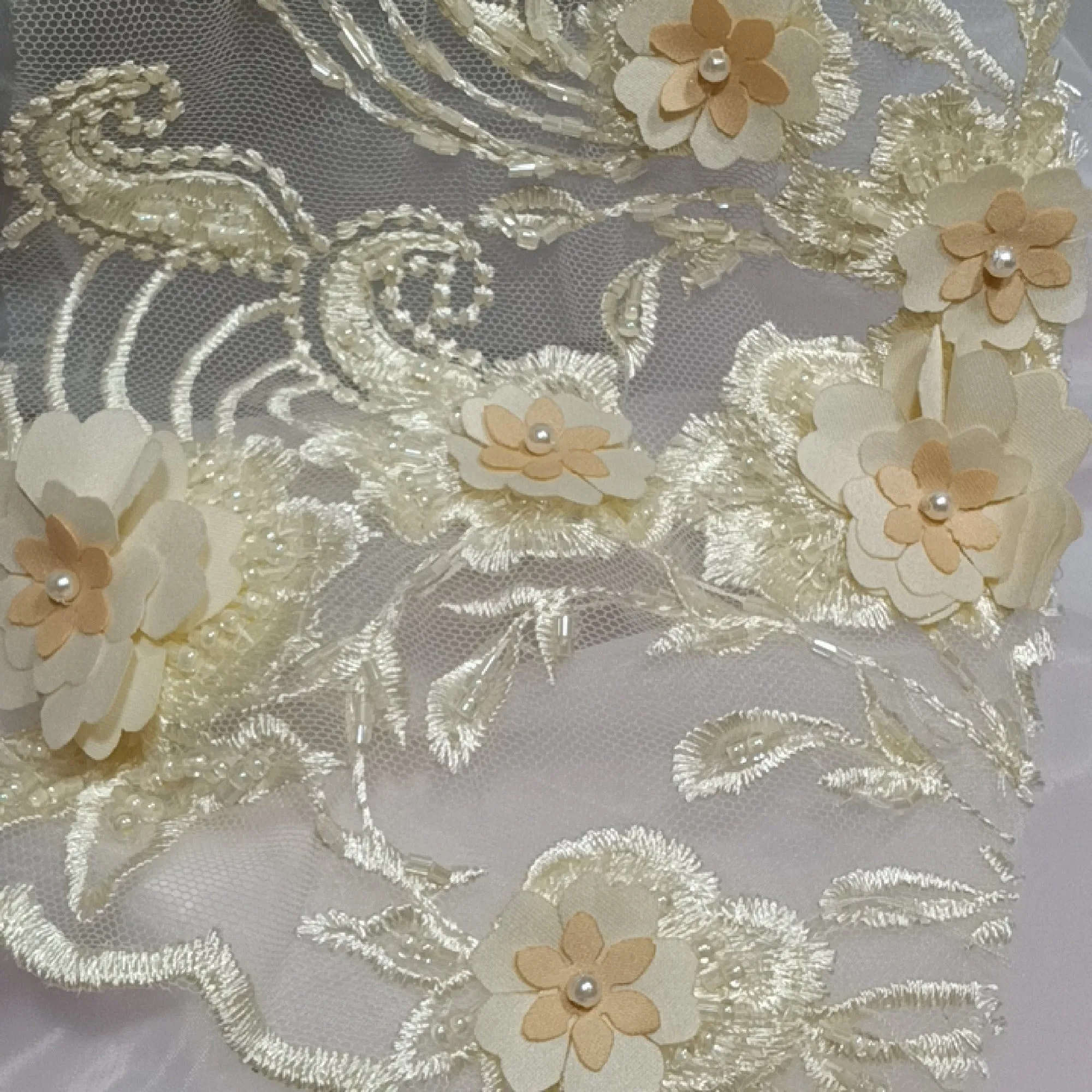 Beaded 3D Floral Lace Fabric Embroidered on 100% Polyester Net Mesh | Lace USA - GD-1836