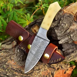 Beautiful Damascus Knife Made Of Remarkable Damascus Steel Multi Handles -Best Hunting Knife With Sheath TJ103 (Camel Bone)