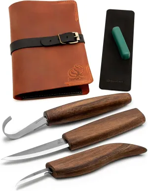 BeaverCraft Spoon Carving Kit Whittling Knives Spoon Carving Knife Sloyd, Chip Small Detail Knife, Hook Knife - Spoon Carving Tools Wood Carving Kit & Leather Strop Whittling Knife Set Deluxe S13X