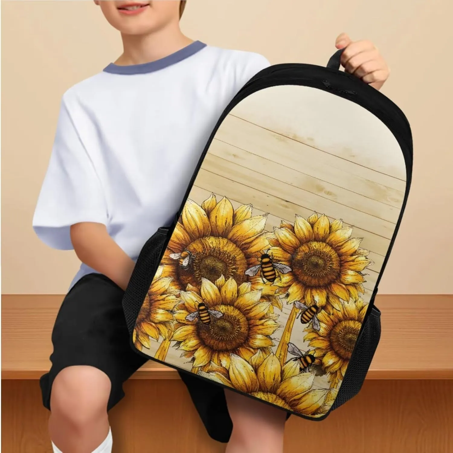 Bee Sunflower Bookbag for Middle School Girls Kids 8-10 Teenage Girls Primary Girls Backpacks School Bags Girls Bookbag and Lunch Box Set for Daily,Shopping,Day Trips and Short Travel