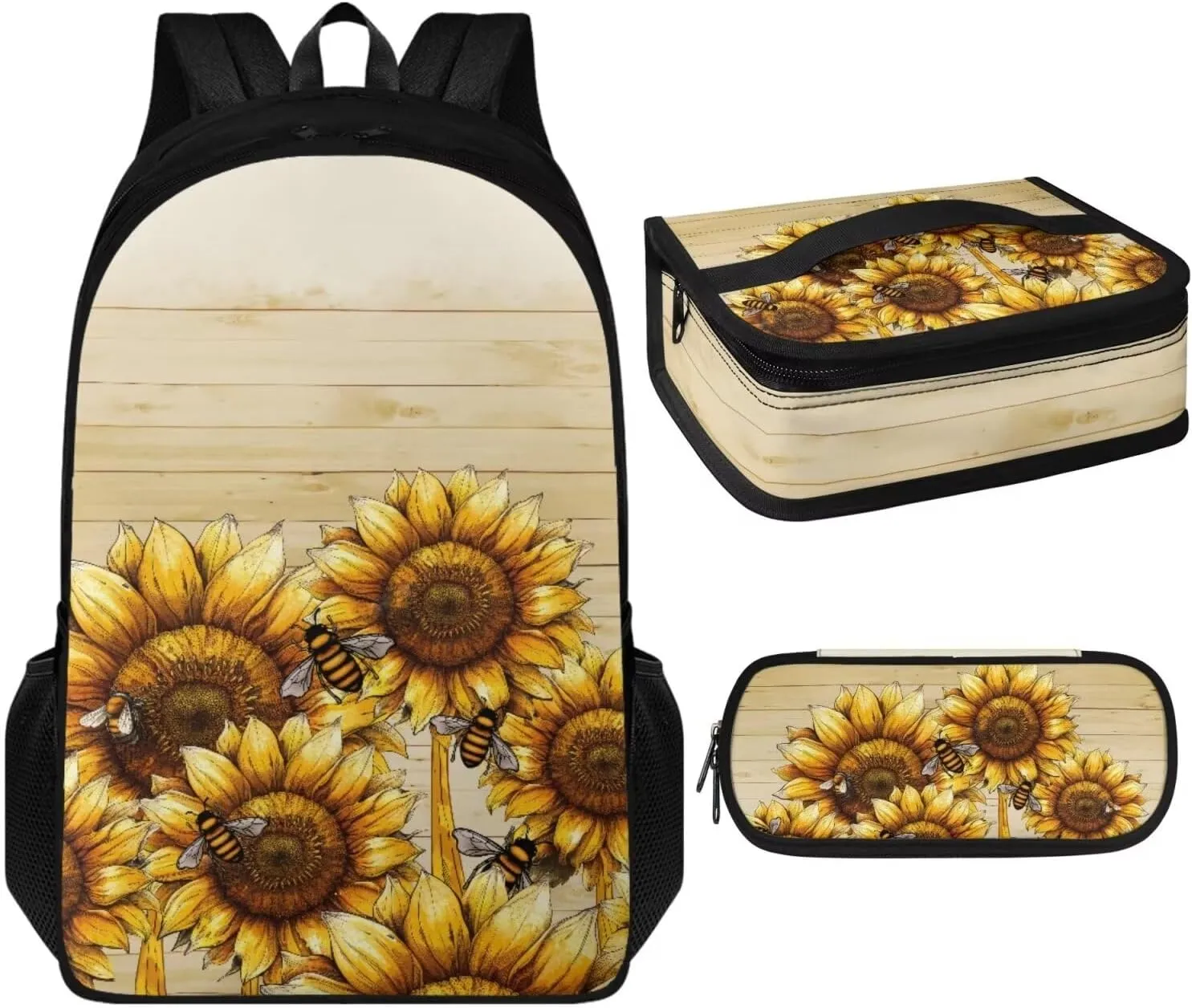 Bee Sunflower Bookbag for Middle School Girls Kids 8-10 Teenage Girls Primary Girls Backpacks School Bags Girls Bookbag and Lunch Box Set for Daily,Shopping,Day Trips and Short Travel
