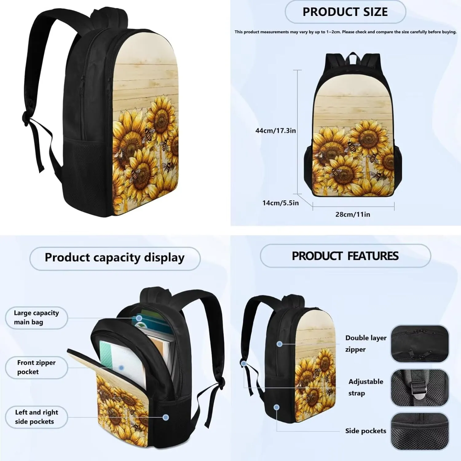 Bee Sunflower Bookbag for Middle School Girls Kids 8-10 Teenage Girls Primary Girls Backpacks School Bags Girls Bookbag and Lunch Box Set for Daily,Shopping,Day Trips and Short Travel