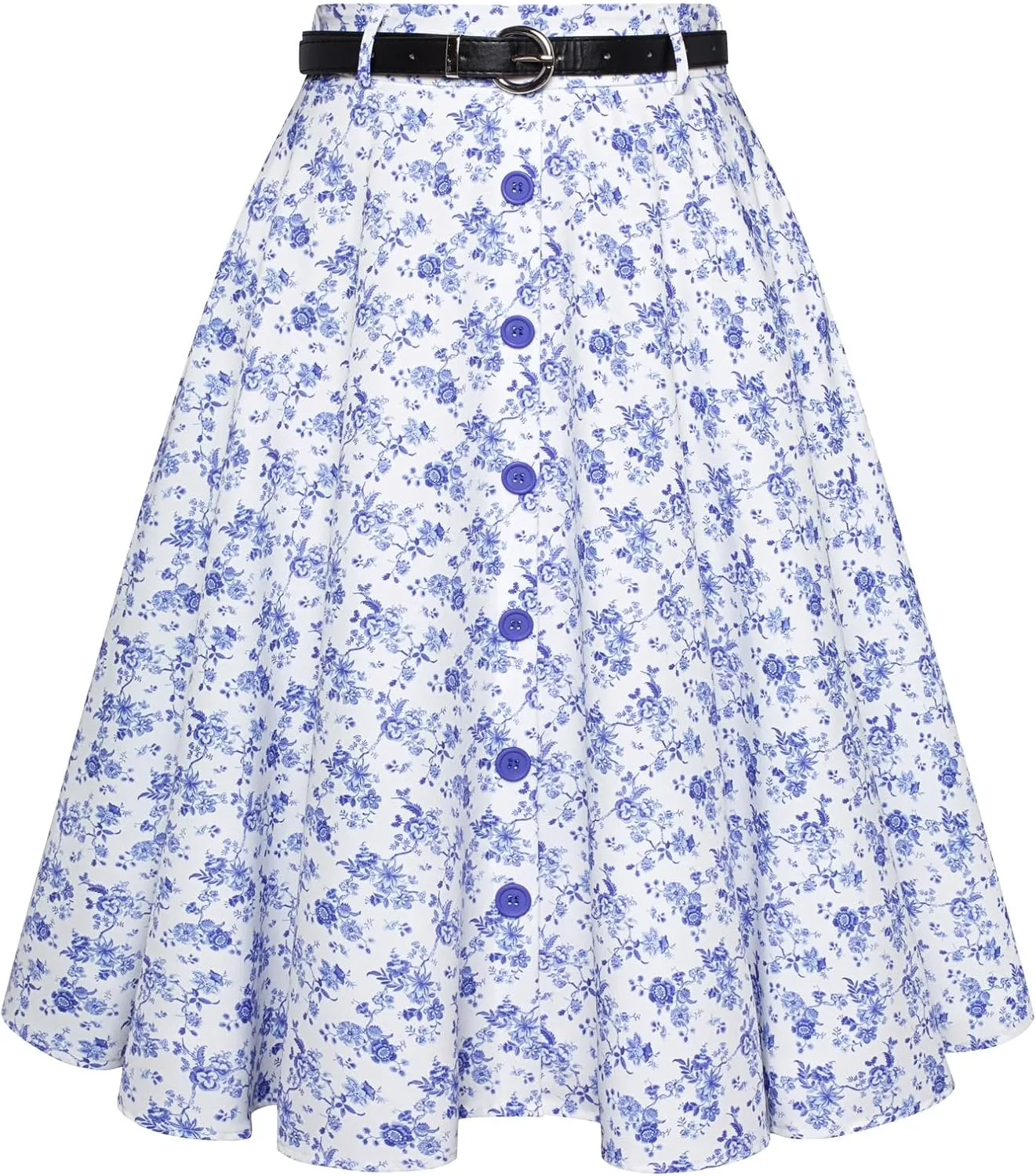 Belle Poque Women's A Line Flared Midi Skirt Vintage Stretch High Waisted Button Down Swing Skirt with Pockets and Belts