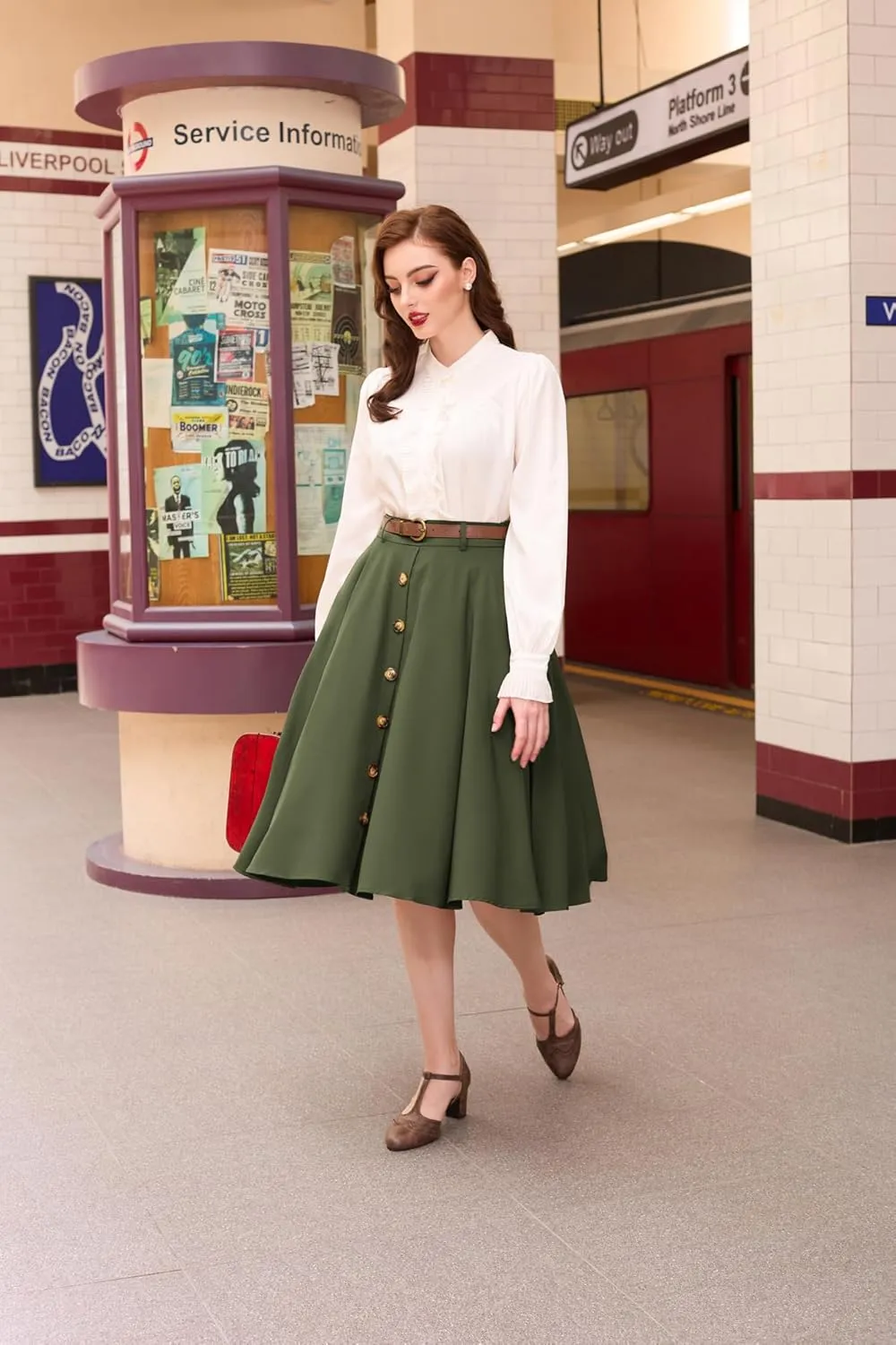 Belle Poque Women's A Line Flared Midi Skirt Vintage Stretch High Waisted Button Down Swing Skirt with Pockets and Belts