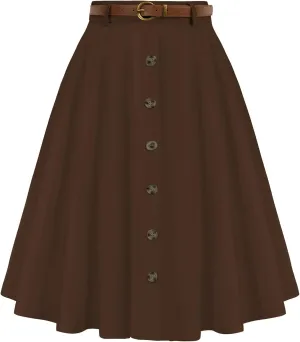 Belle Poque Women's A Line Flared Midi Skirt Vintage Stretch High Waisted Button Down Swing Skirt with Pockets and Belts