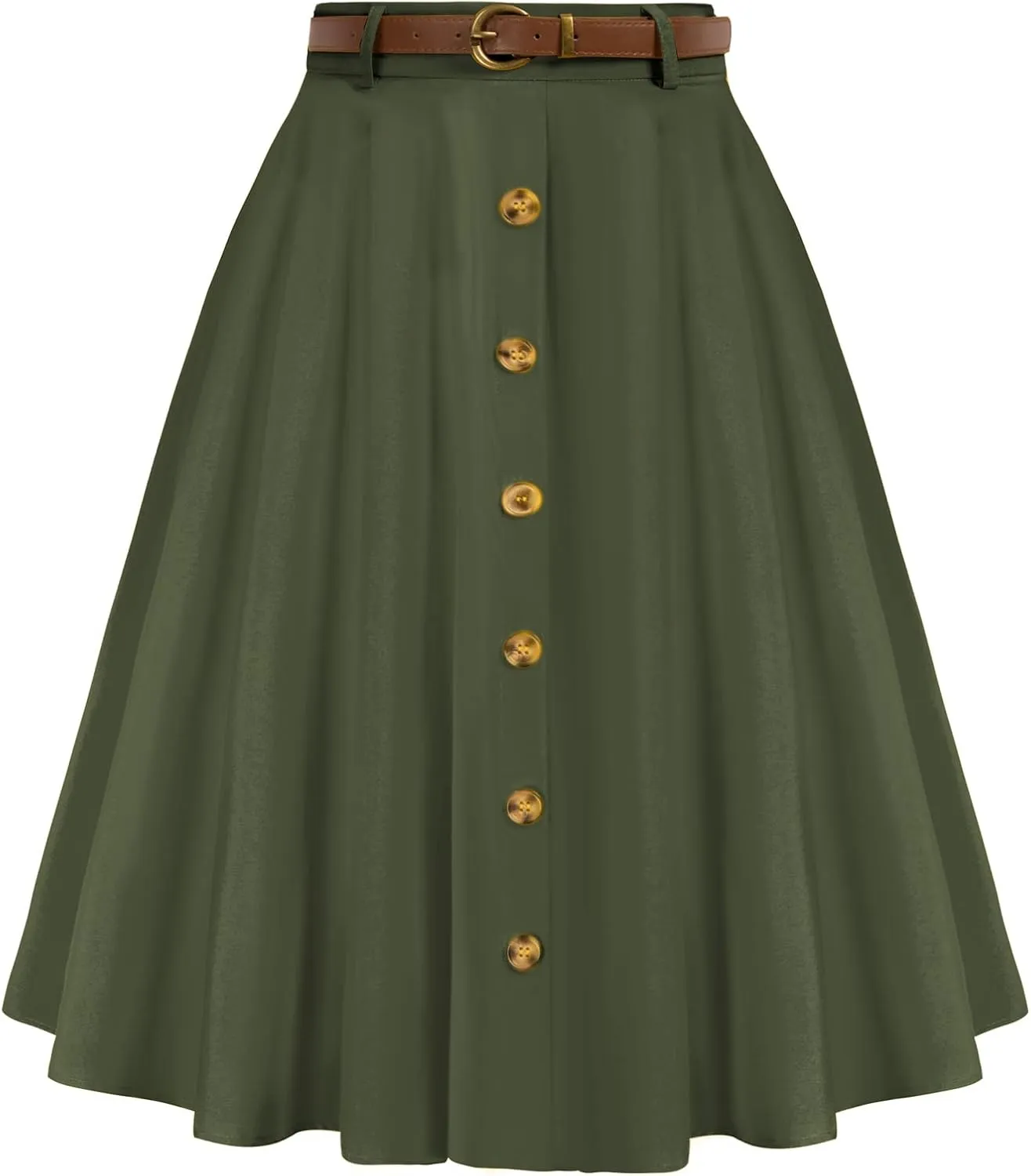Belle Poque Women's A Line Flared Midi Skirt Vintage Stretch High Waisted Button Down Swing Skirt with Pockets and Belts