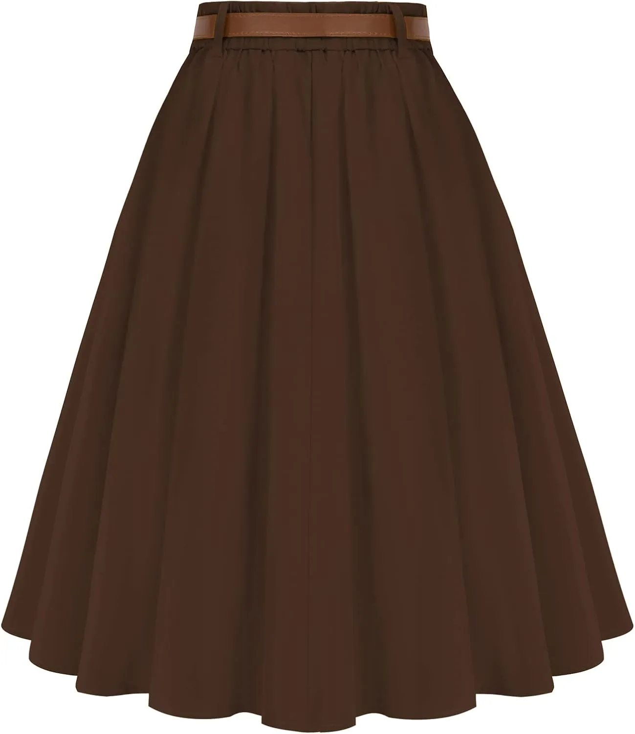 Belle Poque Women's A Line Flared Midi Skirt Vintage Stretch High Waisted Button Down Swing Skirt with Pockets and Belts
