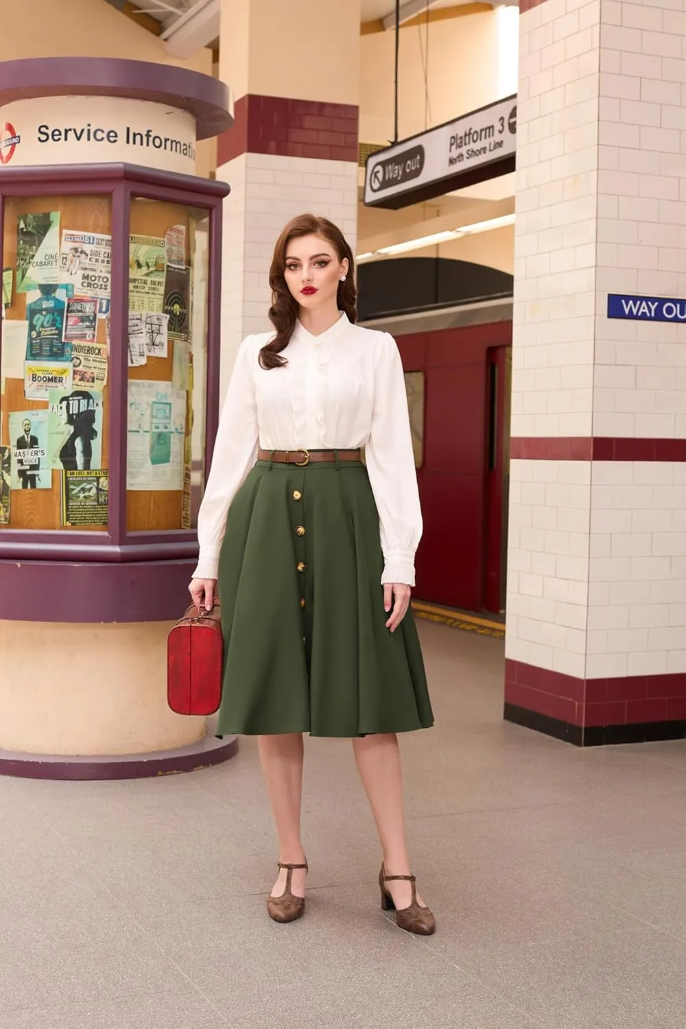 Belle Poque Women's A Line Flared Midi Skirt Vintage Stretch High Waisted Button Down Swing Skirt with Pockets and Belts