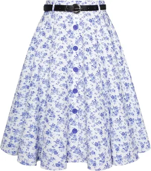 Belle Poque Women's A Line Flared Midi Skirt Vintage Stretch High Waisted Button Down Swing Skirt with Pockets and Belts