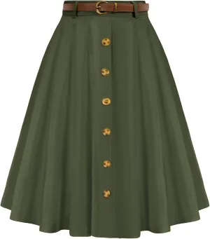 Belle Poque Women's A Line Flared Midi Skirt Vintage Stretch High Waisted Button Down Swing Skirt with Pockets and Belts