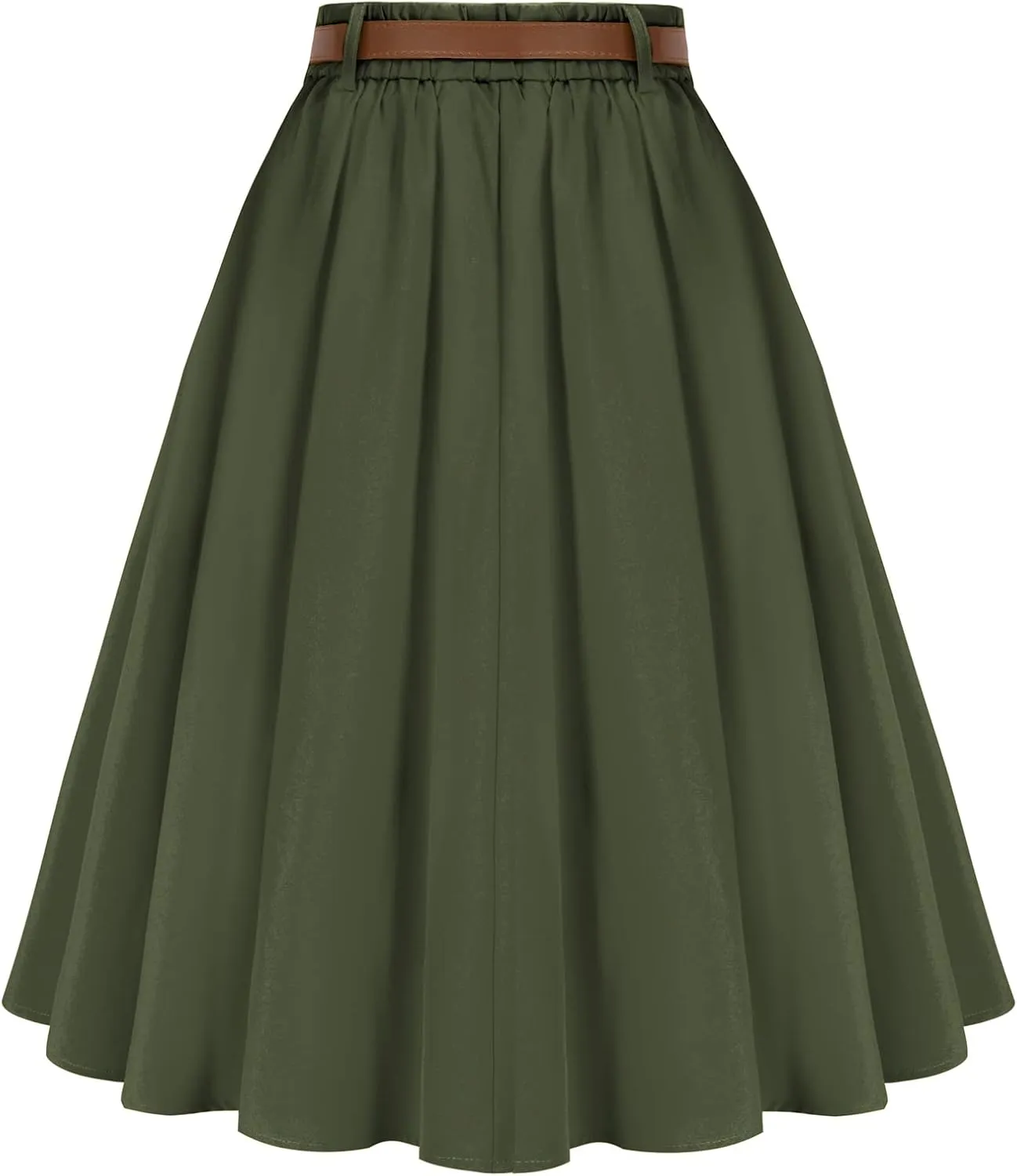 Belle Poque Women's A Line Flared Midi Skirt Vintage Stretch High Waisted Button Down Swing Skirt with Pockets and Belts