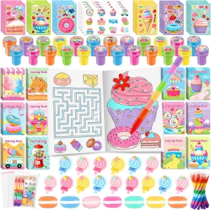 BenLouis 84Pcs Candyland Party Favors Ice Cream Donut Coloring Book Crayon Stickers Set Bulk for Kids Cupcake Lollipop Sweet Treats Birthday Gift Bag Desserts Pinata Filler Classroom Reward Crafts