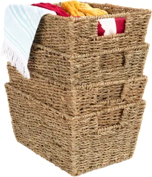 Best Choice Products Rustic Set Of 4 Multipurpose Stackable Seagrass Storage Basket, Handwoven Laundry Organizer Totes for Bedroom and Living Room, Shelves, Pantry w/Insert Handles - Natural