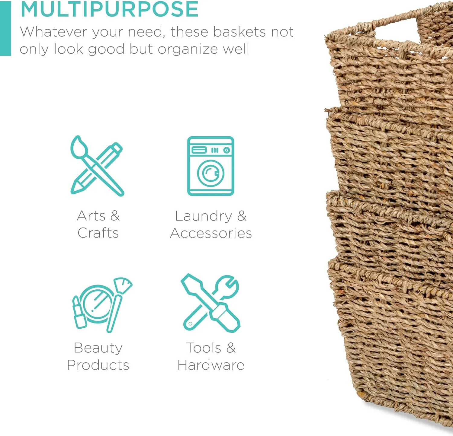 Best Choice Products Rustic Set Of 4 Multipurpose Stackable Seagrass Storage Basket, Handwoven Laundry Organizer Totes for Bedroom and Living Room, Shelves, Pantry w/Insert Handles - Natural