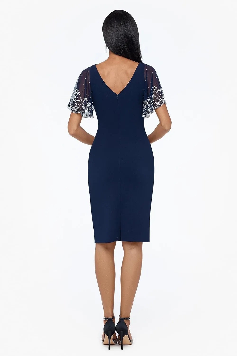 Betsy & Adam Women's Short Ruched Crepe W/Beaded Flutter Sleeve