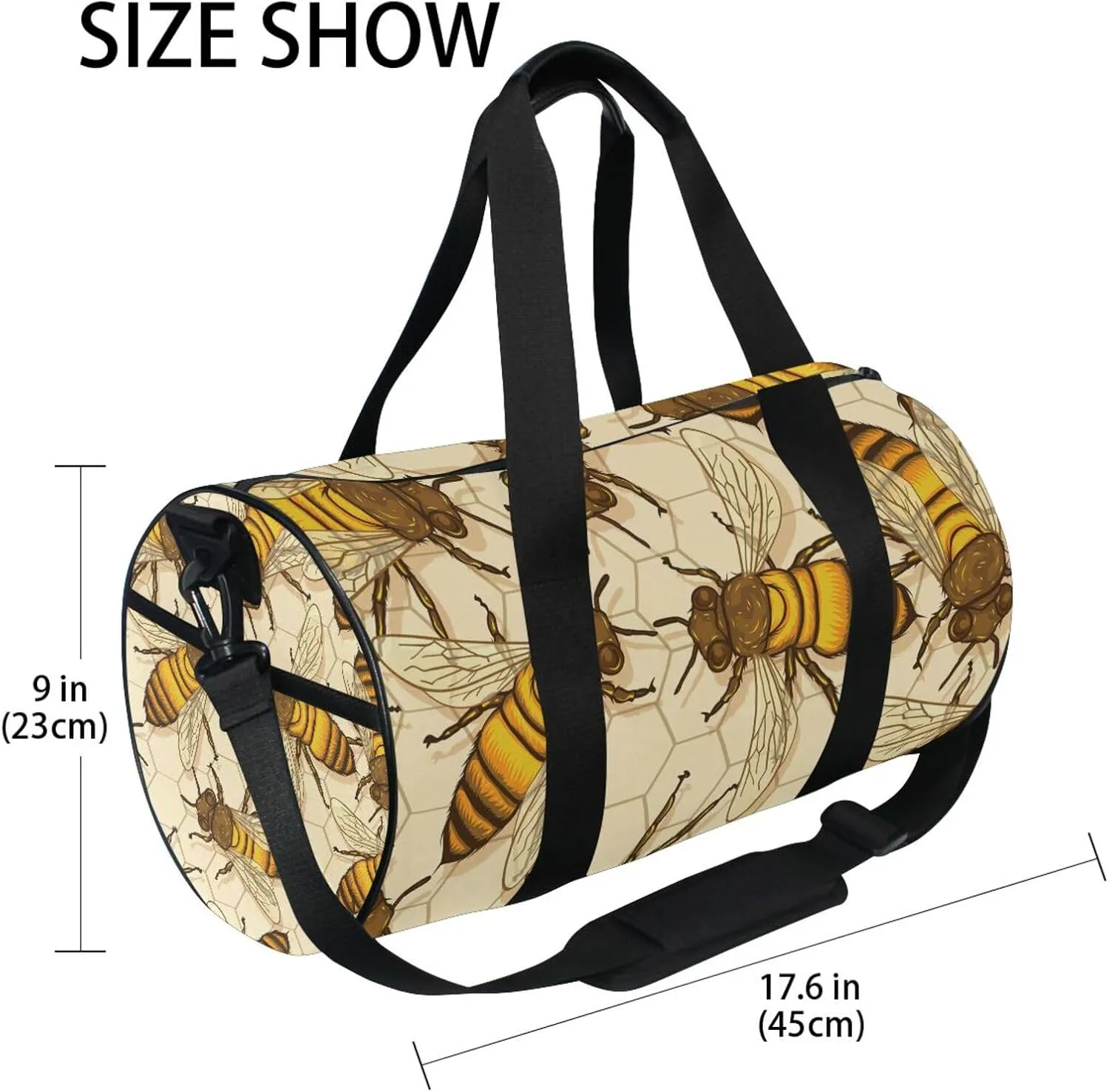 Big Honey Bees in a Honeycomb Humble Bee Seamless Portable Gym Bag, Travel Bag, Luggage bag, Sports Bag, Toiletry Bag with Handles, Detachable Shoulder Strap 17.6 x 9 x 9 inch