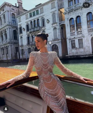 BIJOU FULLY BEADED GOWN WITH LONG SLEEVES