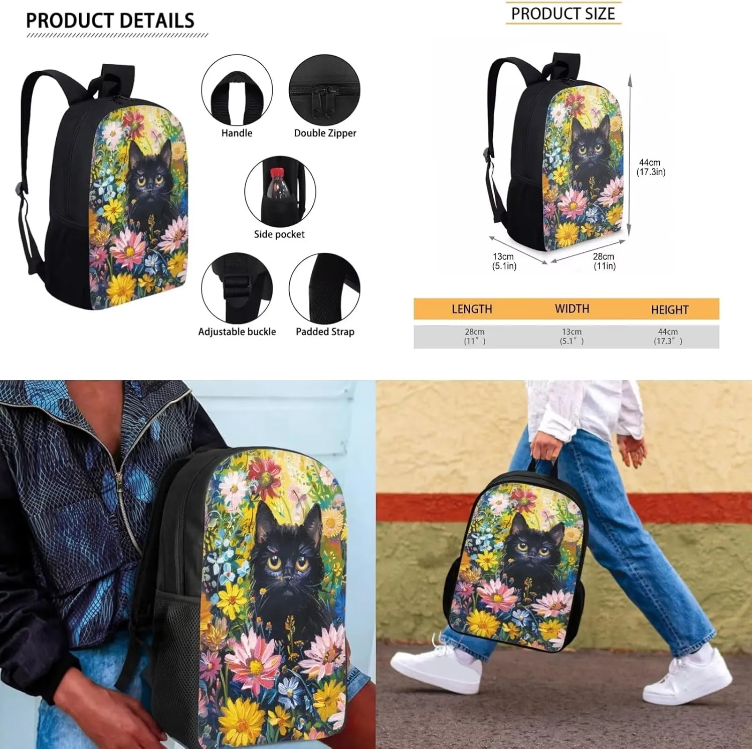 Black Cat Kids Backpack Set of 4 School Bags for Teen Girls Boys Back to School Backpack for Girls 9-10 Middle School Lucn Box Pencil Case Made of Wear Resistant Polyester Fabric