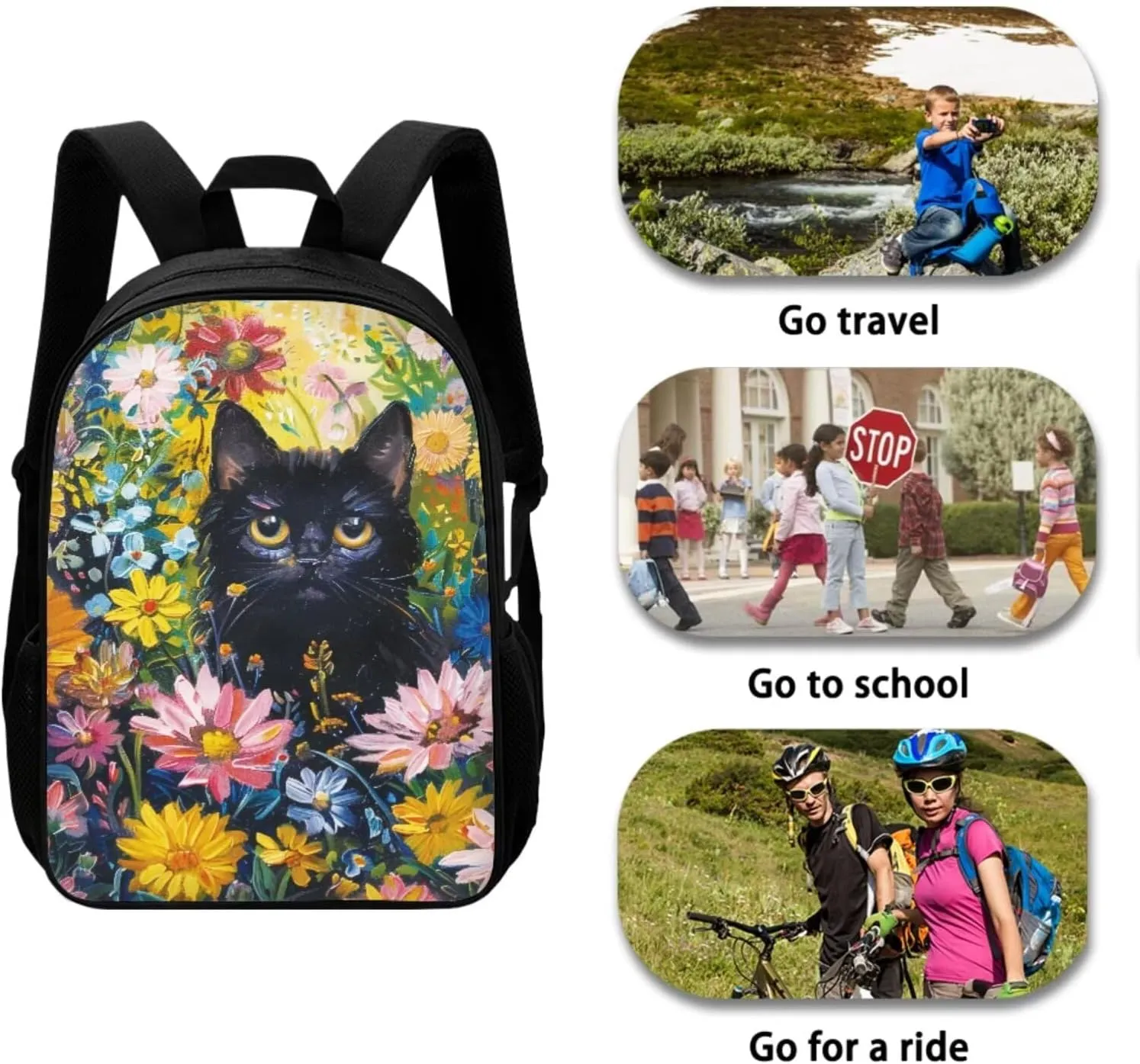 Black Cat Kids Backpack Set of 4 School Bags for Teen Girls Boys Back to School Backpack for Girls 9-10 Middle School Lucn Box Pencil Case Made of Wear Resistant Polyester Fabric