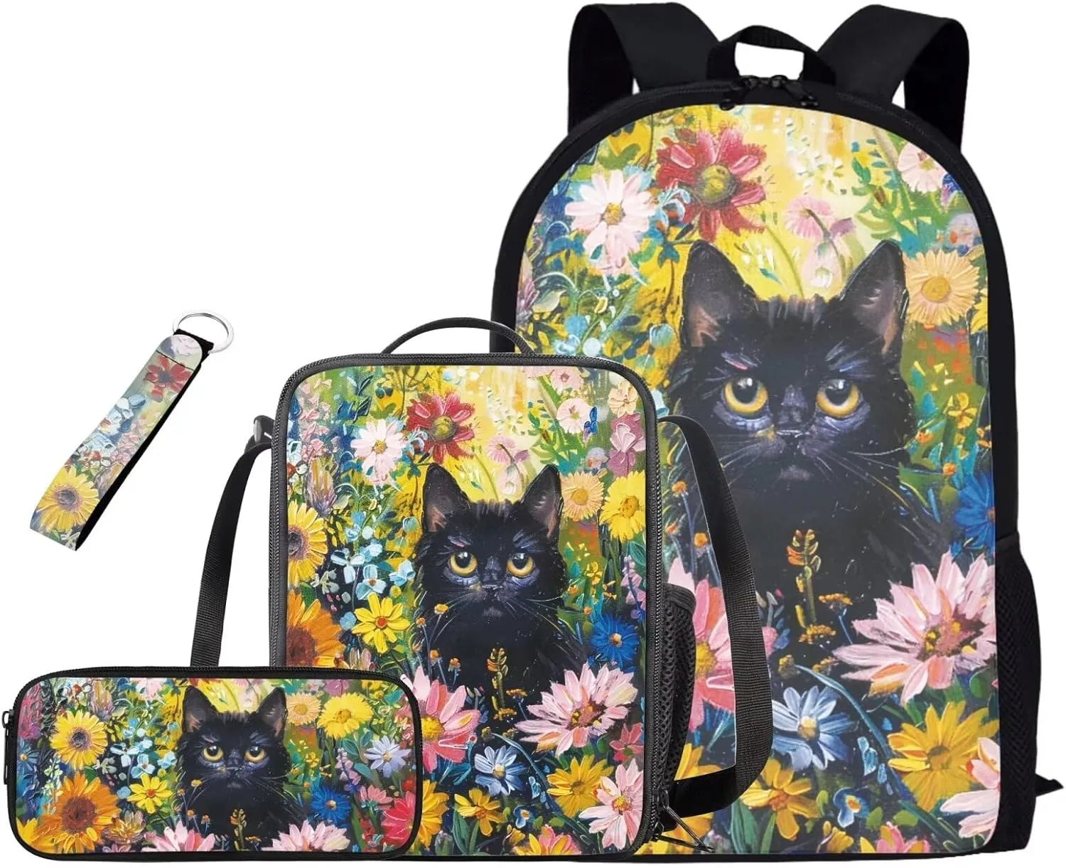 Black Cat Kids Backpack Set of 4 School Bags for Teen Girls Boys Back to School Backpack for Girls 9-10 Middle School Lucn Box Pencil Case Made of Wear Resistant Polyester Fabric