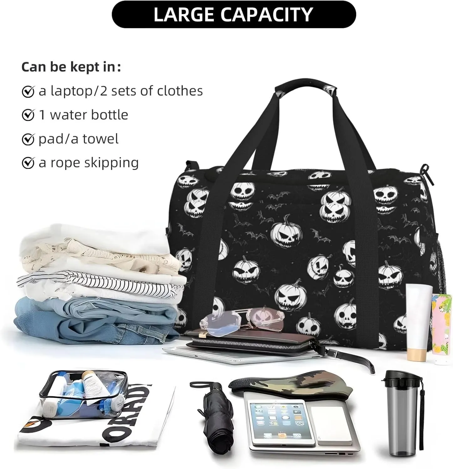 Black Pumpkin Halloween Travel Weekender Overnight Bags Foldable Hand Travel Bag Sport Gym Duffel Bag For Men Women