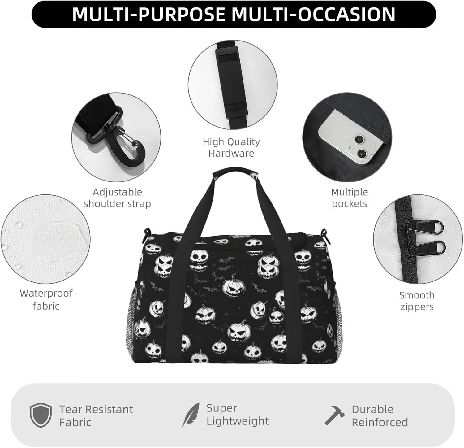 Black Pumpkin Halloween Travel Weekender Overnight Bags Foldable Hand Travel Bag Sport Gym Duffel Bag For Men Women