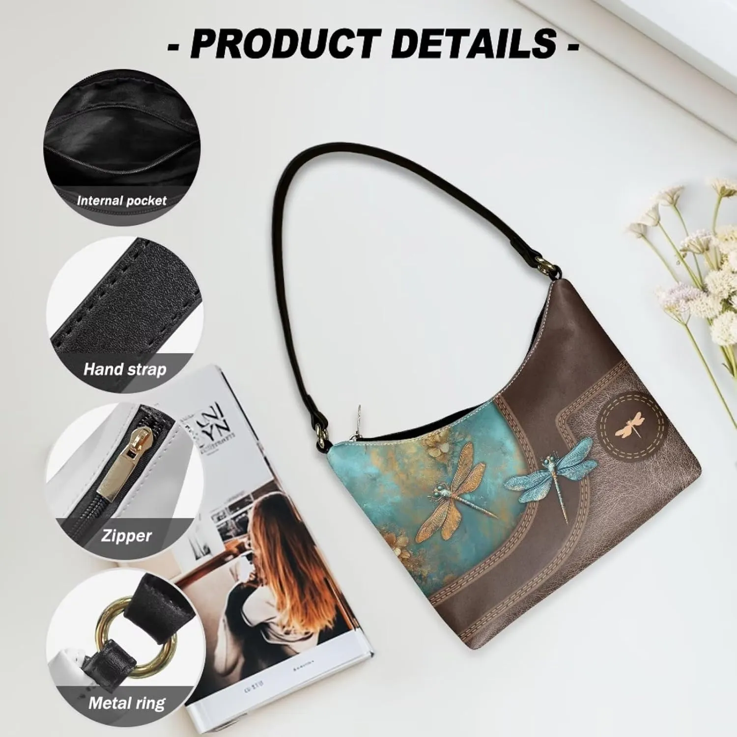 BLeather Underarm Bag for Women Shoulder Handbag with Zipper Fashion Travel Purse