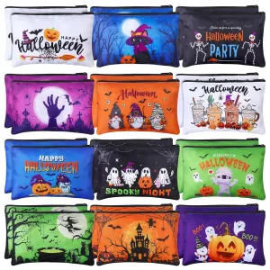 Blosssound 24 Pcs Halloween Night Makeup Bags Spooky Bags Double Sided Printed Cosmetic Pouch with Zipper Pumpkin Poison Toiletry Organizer Halloween Party Gifts Supplies