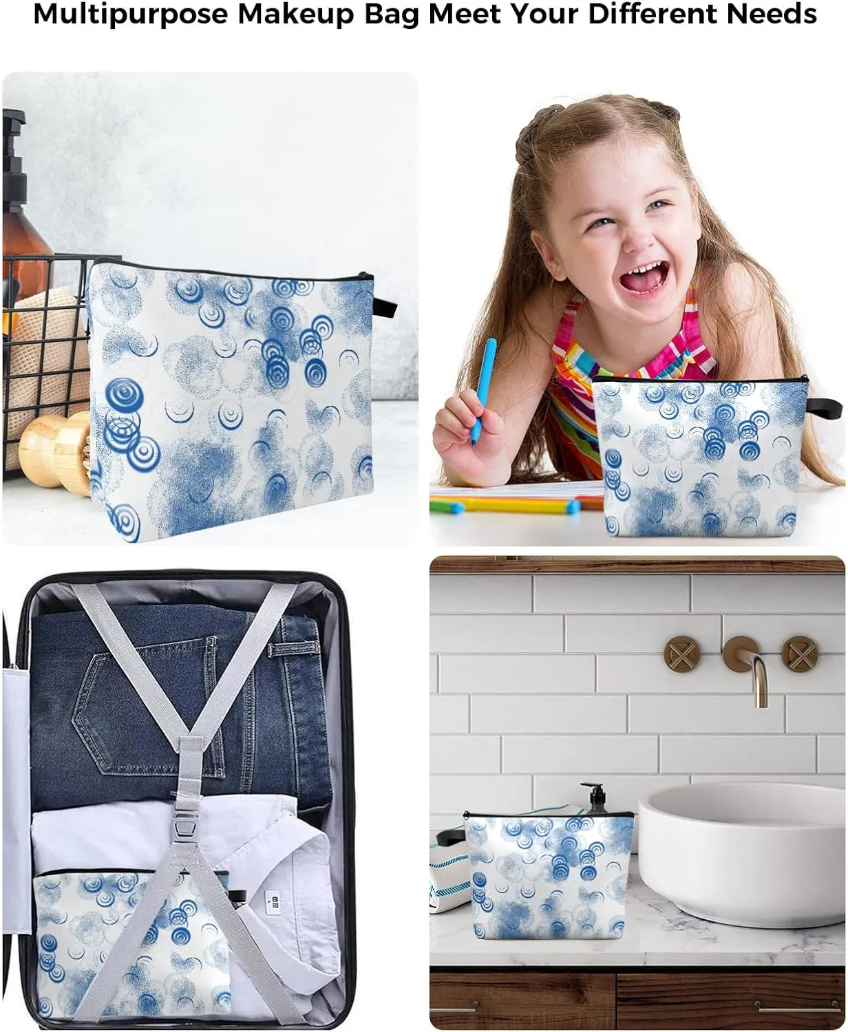 Blue and White Modern Cosmetic Bags for Women, Abstract Art Black Smear Painting Small Makeup Bag for Purse, Waterproof Travel Toiletry Bag Accessories Organizer, 1PCS