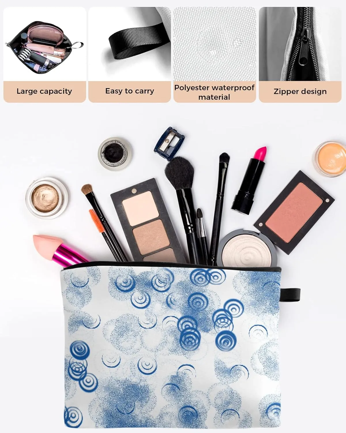 Blue and White Modern Cosmetic Bags for Women, Abstract Art Black Smear Painting Small Makeup Bag for Purse, Waterproof Travel Toiletry Bag Accessories Organizer, 1PCS