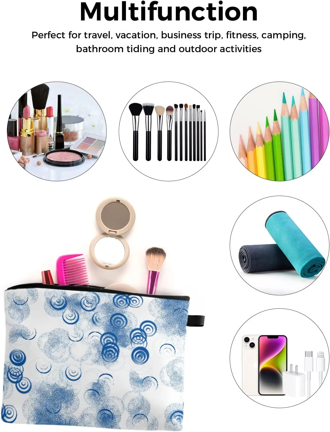 Blue and White Modern Cosmetic Bags for Women, Abstract Art Black Smear Painting Small Makeup Bag for Purse, Waterproof Travel Toiletry Bag Accessories Organizer, 1PCS