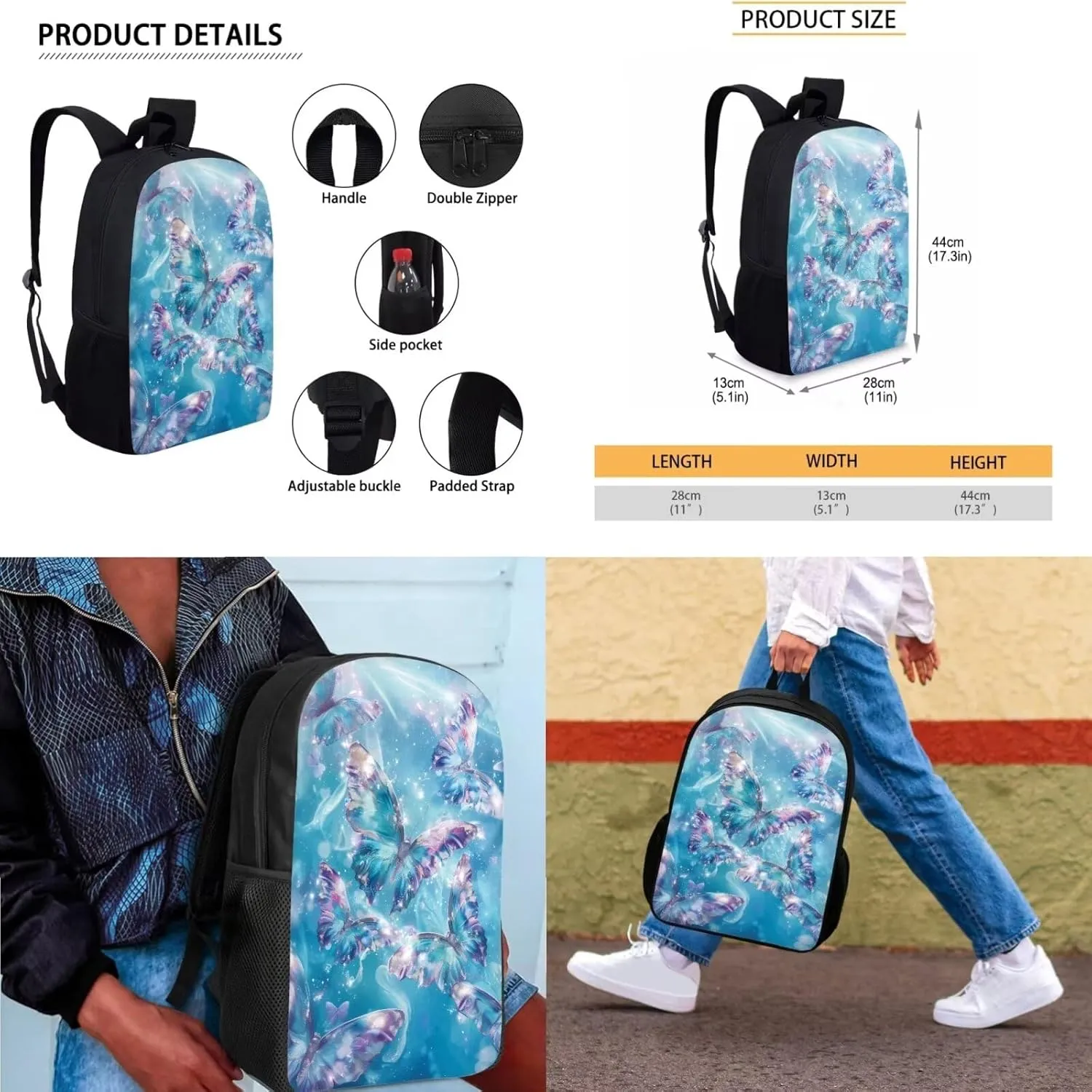 Blue Butterfly Toddler Backpack and Lunch Box Set Girls Preschool Bookbag with 1 Main Compartment School Backpack for Teens Girls Convenient and Comfortable Pack