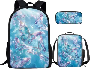 Blue Butterfly Toddler Backpack and Lunch Box Set Girls Preschool Bookbag with 1 Main Compartment School Backpack for Teens Girls Convenient and Comfortable Pack