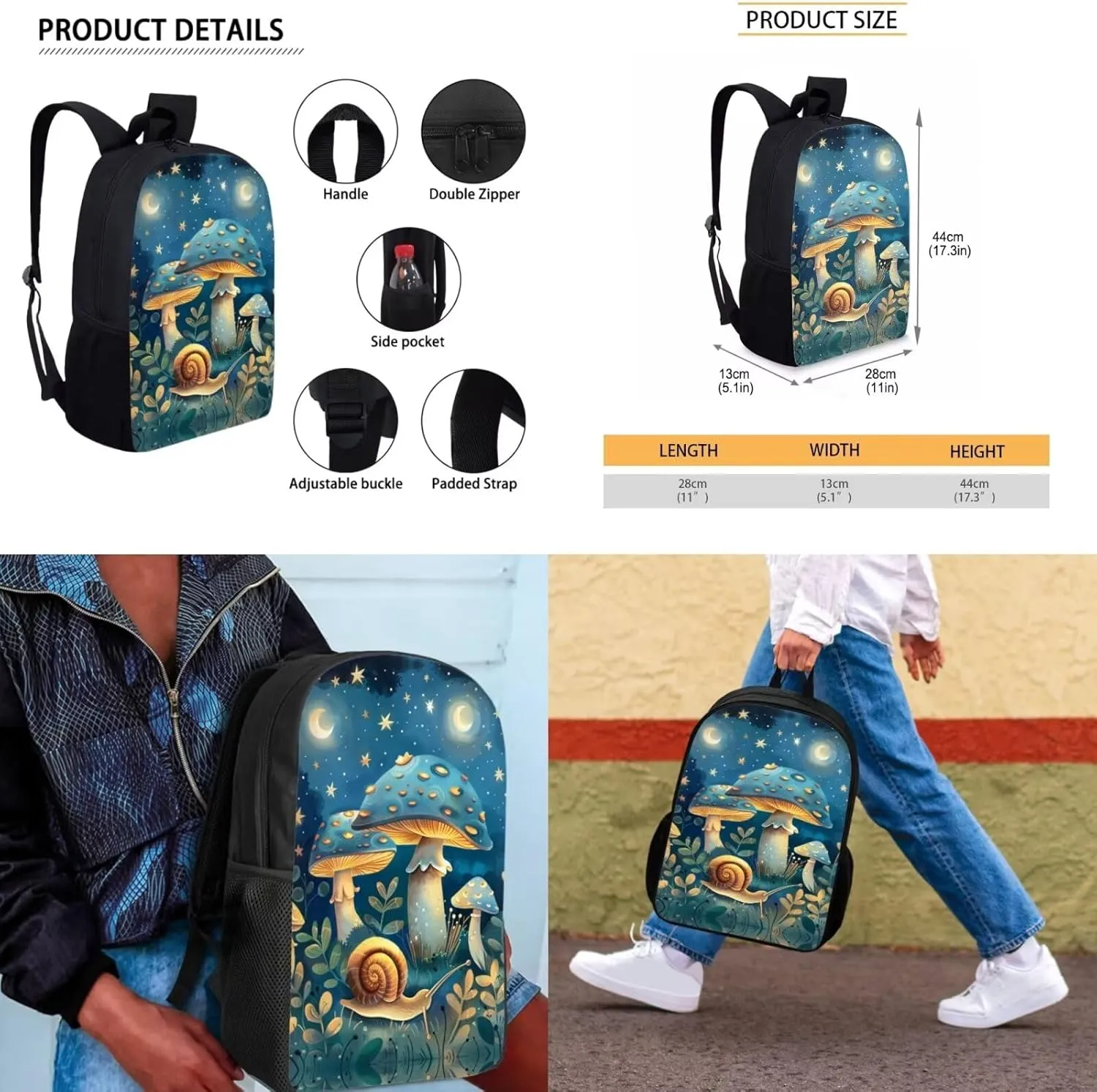 Blue Mushroom Backpacks With Lunchboxes for Girls Elementary School 4Pcs School Bag Water Resistant Bookbag with 1 Main Compartment Large Capacity Birthday/Christmas Gift for Kids