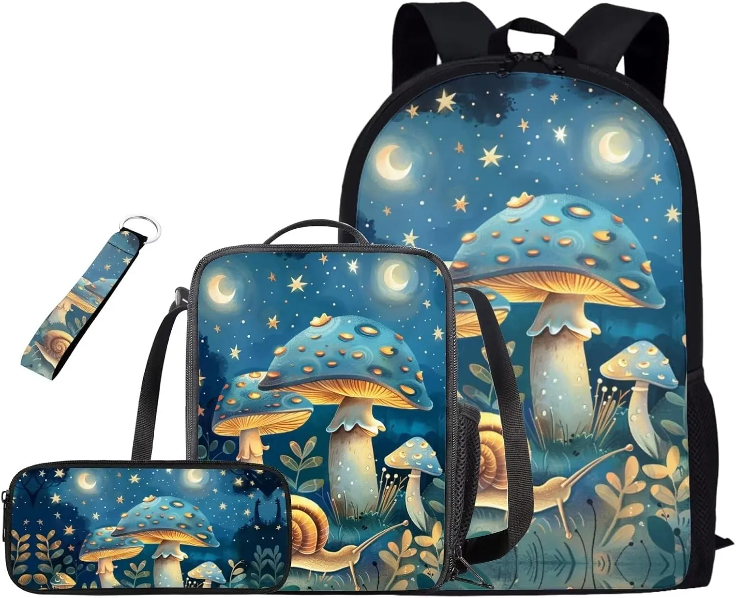 Blue Mushroom Backpacks With Lunchboxes for Girls Elementary School 4Pcs School Bag Water Resistant Bookbag with 1 Main Compartment Large Capacity Birthday/Christmas Gift for Kids