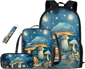 Blue Mushroom Backpacks With Lunchboxes for Girls Elementary School 4Pcs School Bag Water Resistant Bookbag with 1 Main Compartment Large Capacity Birthday/Christmas Gift for Kids