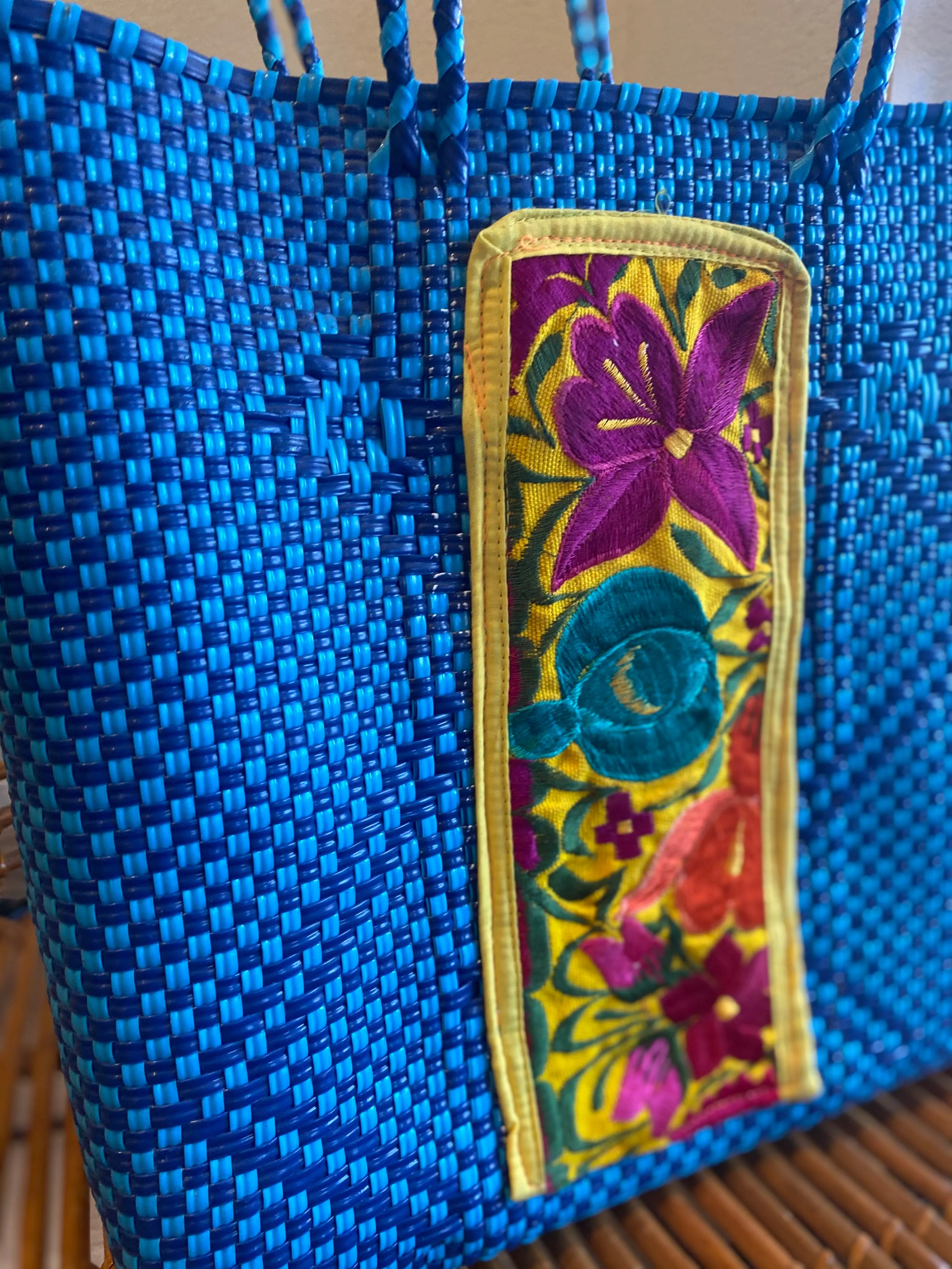Blue Woven Tote with Embroidery