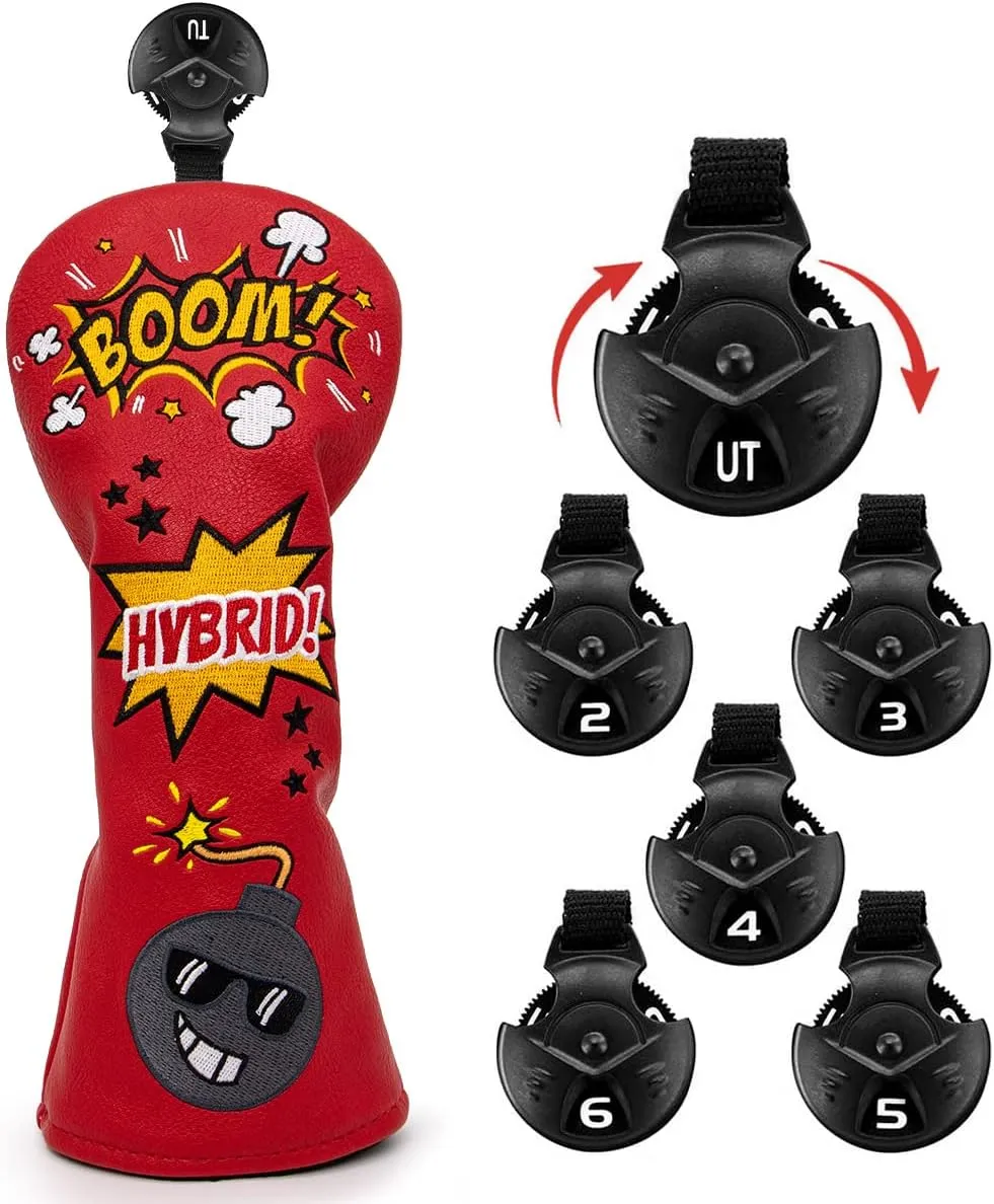 Bomb Golf Club Covers for Driver, Fairway, Hybrids - 4 Options - Golf Driver Headcover/Golf Fairway Wood Head Cover/Hybrid Headcover for Men/Women Golfer - Red Synthetic Leather Golf Headcover