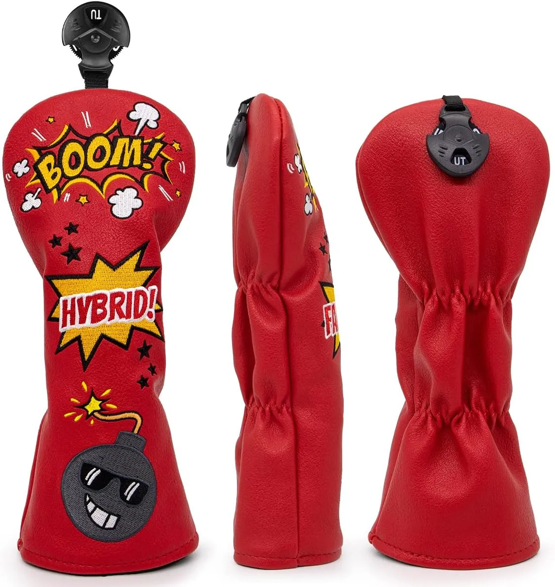 Bomb Golf Club Covers for Driver, Fairway, Hybrids - 4 Options - Golf Driver Headcover/Golf Fairway Wood Head Cover/Hybrid Headcover for Men/Women Golfer - Red Synthetic Leather Golf Headcover