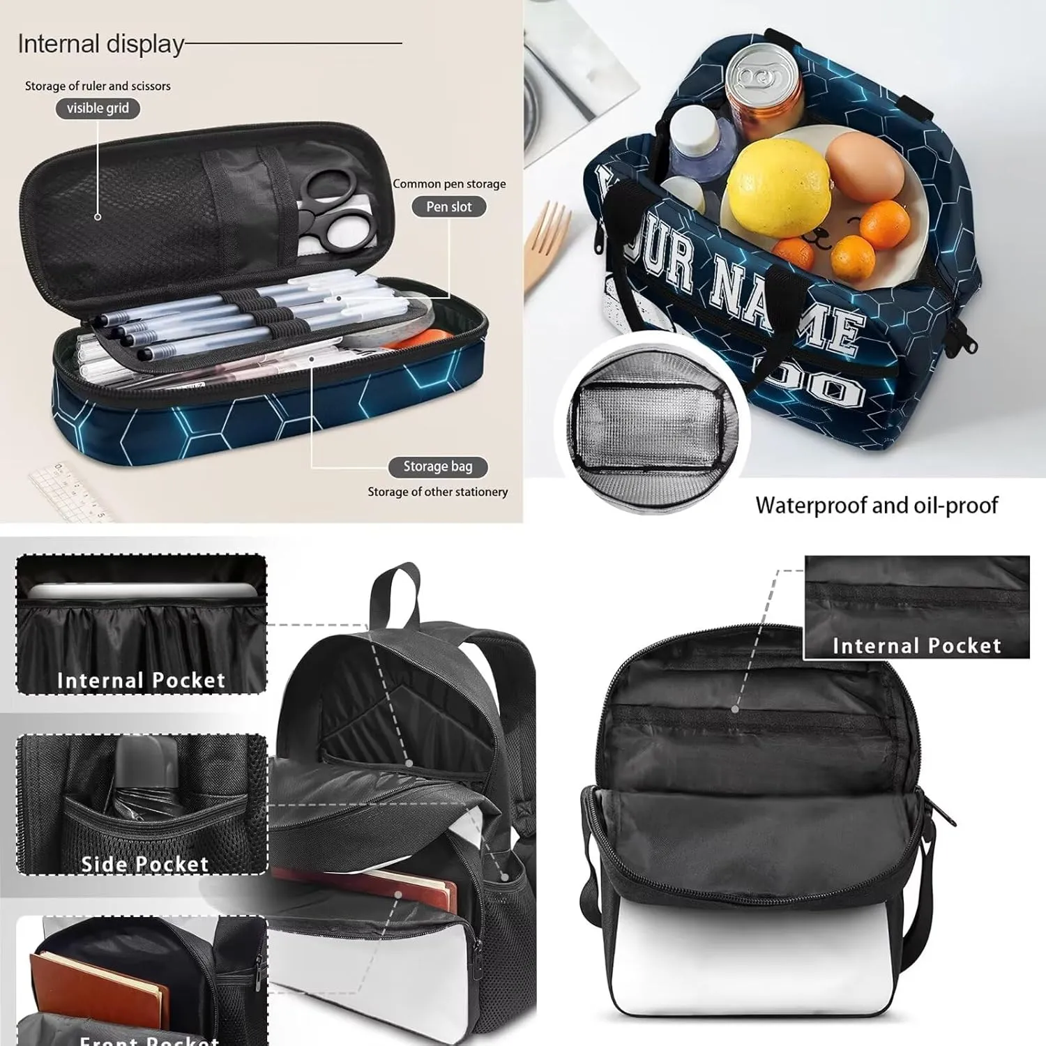 Bulopur White Soccer Football Customized School Backpack Set of 4, Blue Hexagonal Grid Travel Bookbag Hiking Knapsack Rucksack Shoulder Crossbody Lunch Bag Pencil Bags with Zipper for Boys