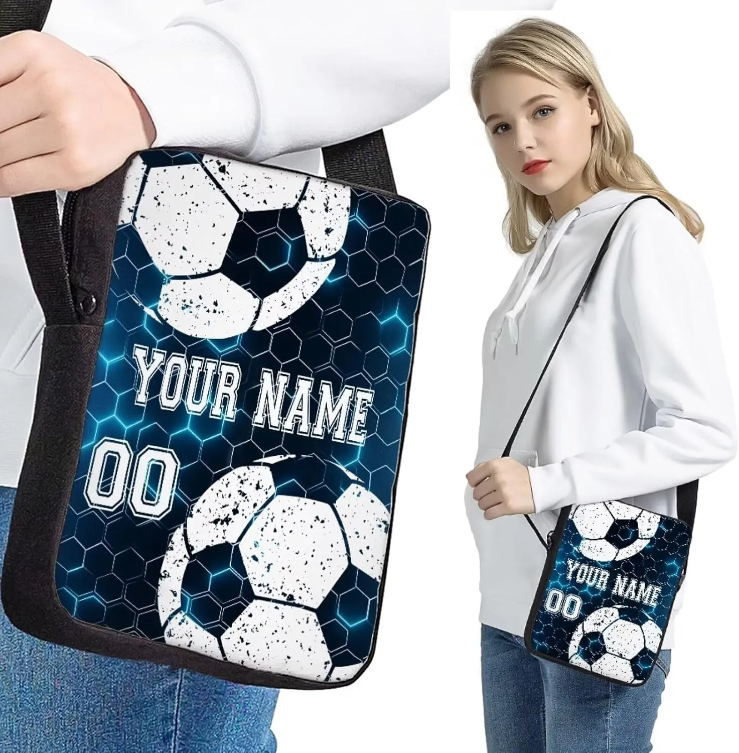 Bulopur White Soccer Football Customized School Backpack Set of 4, Blue Hexagonal Grid Travel Bookbag Hiking Knapsack Rucksack Shoulder Crossbody Lunch Bag Pencil Bags with Zipper for Boys